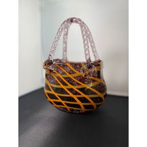 Fifth Avenue Crystal Glass vase Purse Orange‎ Black Swirl Twisted Handles